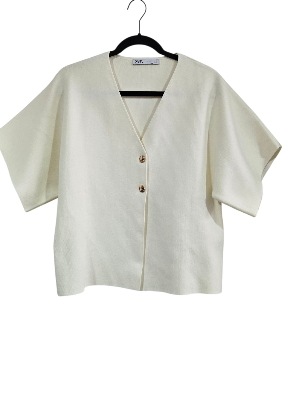 Zara Cream Button-Down Short Sleeve V-Neck Top - Picture 2 of 8